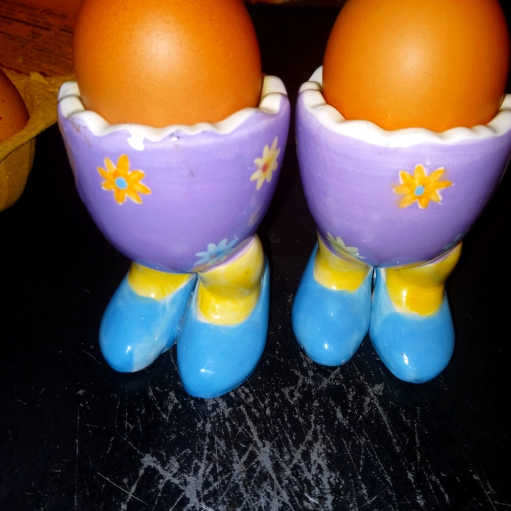 Two Ceramic Pastel Color Easter Egg Cups with Legs